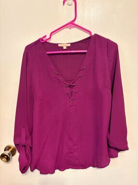 Skies Are Blue Magenta Plum Lace Up V-Neck Blouse Large Roll Tab Sleeve Top
